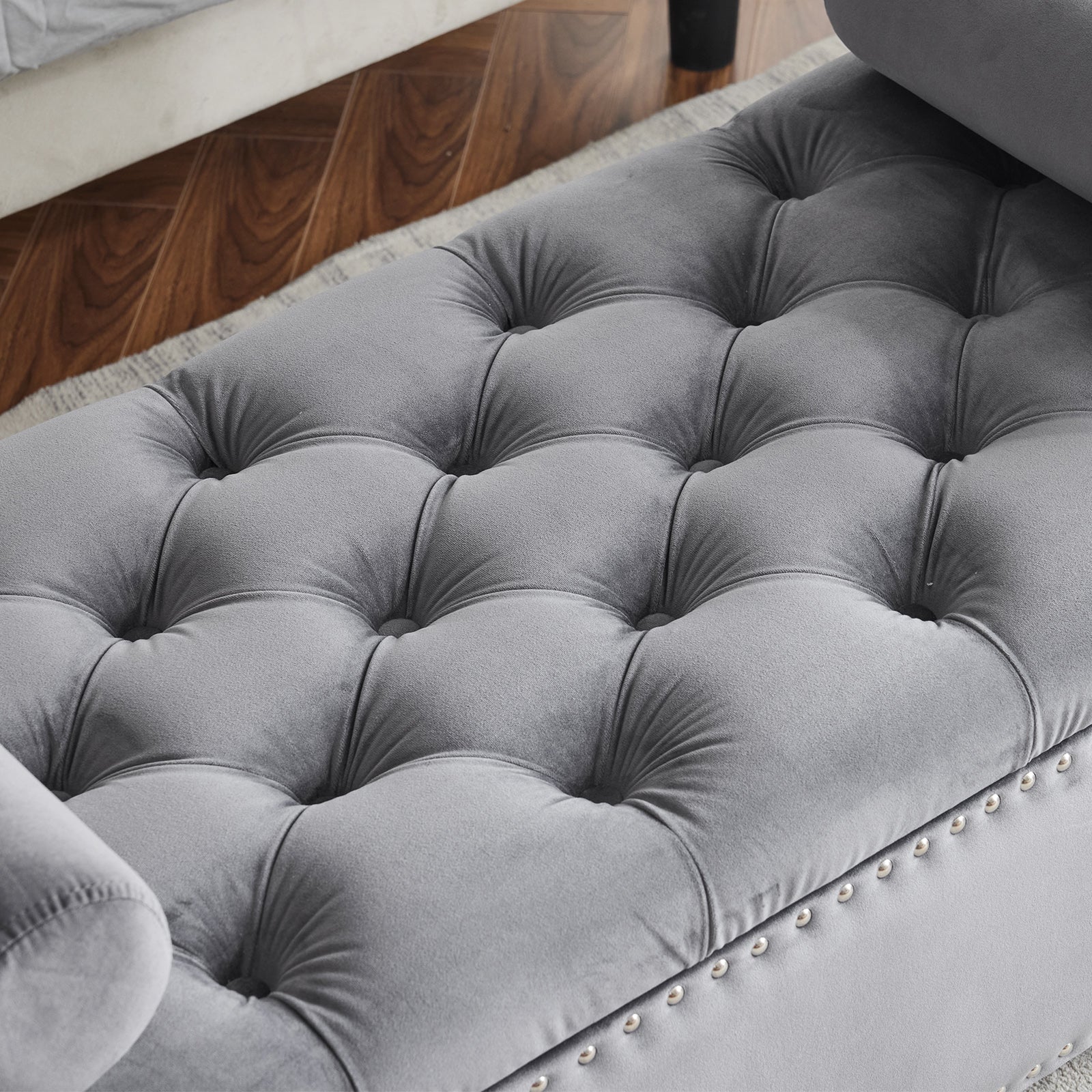 Storage Bench, 44.5-Inch Queen Velvet Button Bedside Bench, Entryway Living Room with Armrests, Nailhead Trim Gray - Korvel