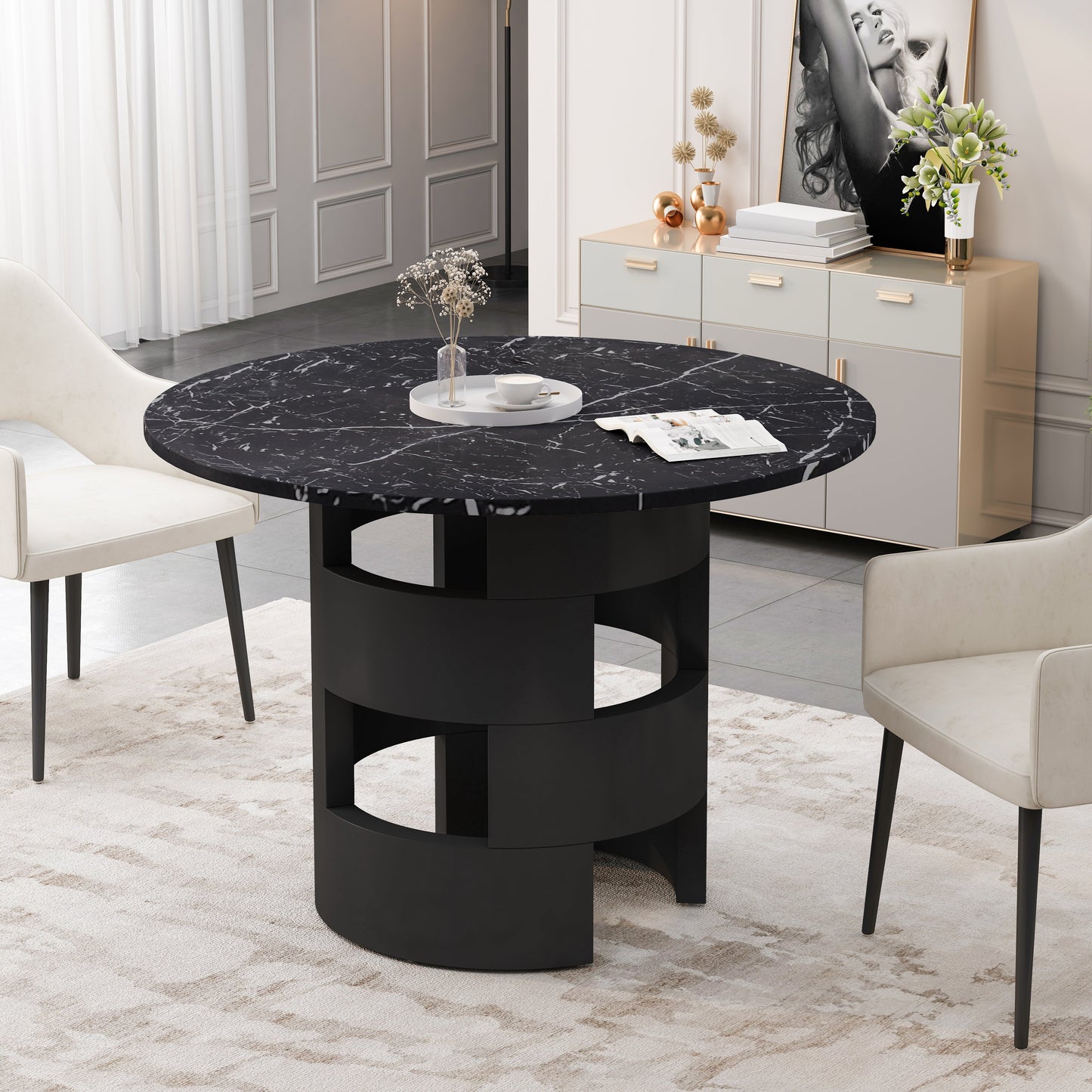 42.12"Modern Round Dining Table with Printed Black Marble Table Top for Dining Room - Korvel