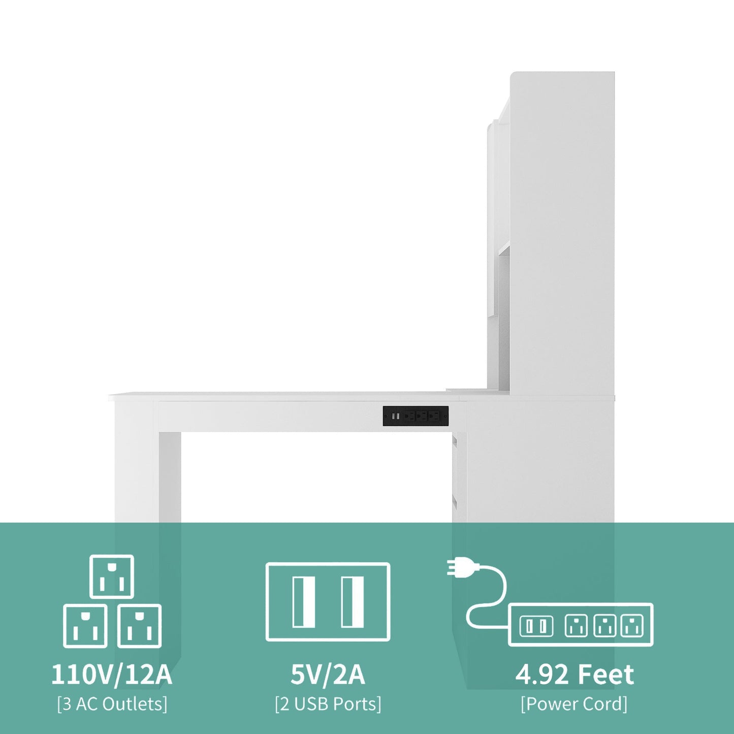 L-shaped office desk with charger, bookshelf with drawers and LED lights, and corner gaming computer desk with storage space - Korvel