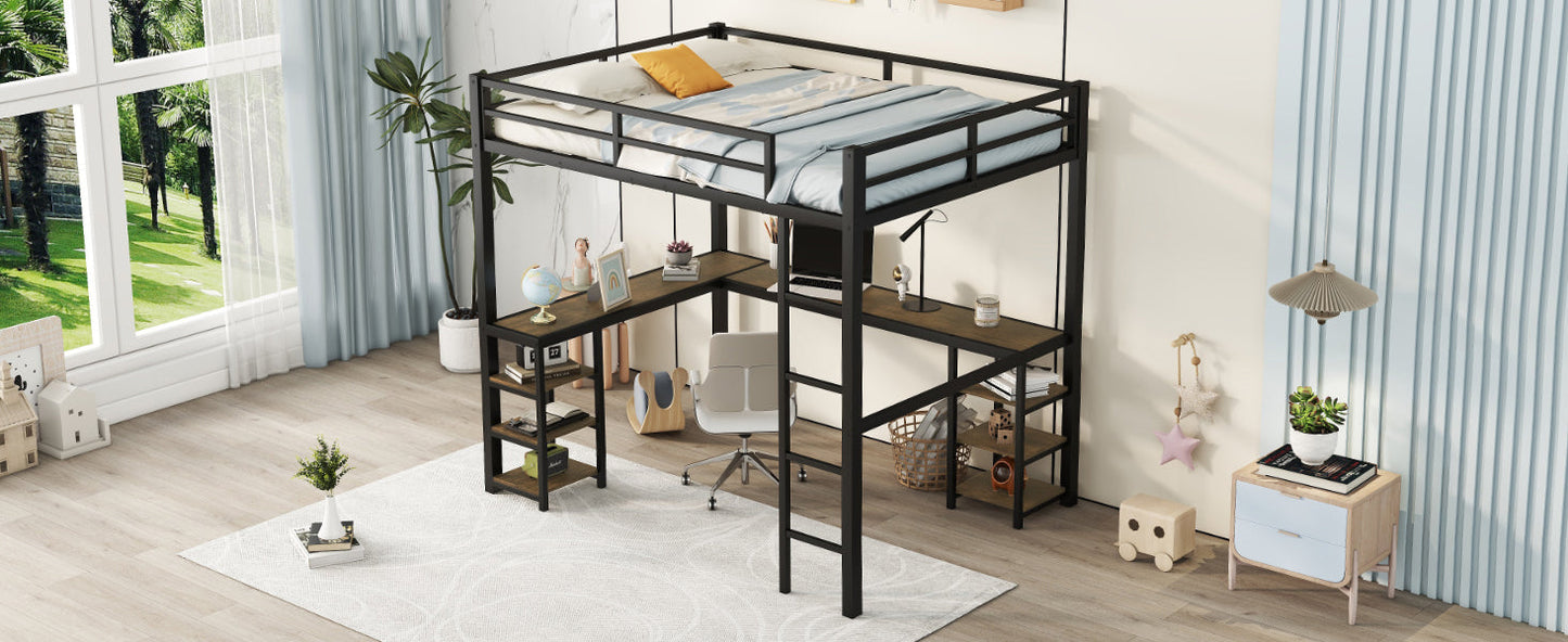 Full metal loft bed with desk and shelf, loft bed with ladder and guardrail, black with retro wood desk - Korvel
