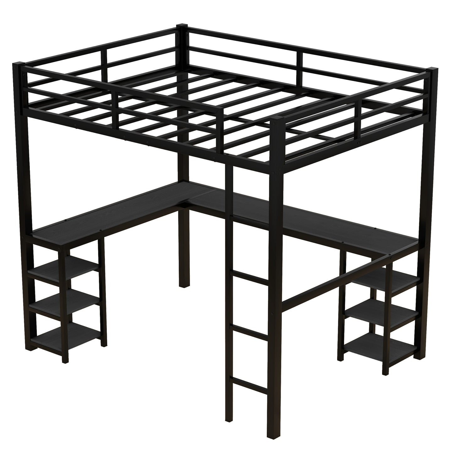 Cama loft de metal negro premium con escritorio y estantes