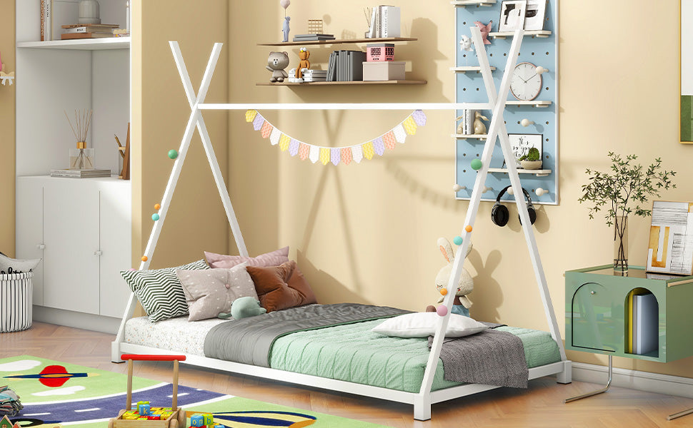 Metal Twin Size House Platform Bed with Triangle Structure  White - Korvel