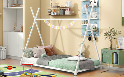 Metal Twin Size House Platform Bed with Triangle Structure  White - Korvel