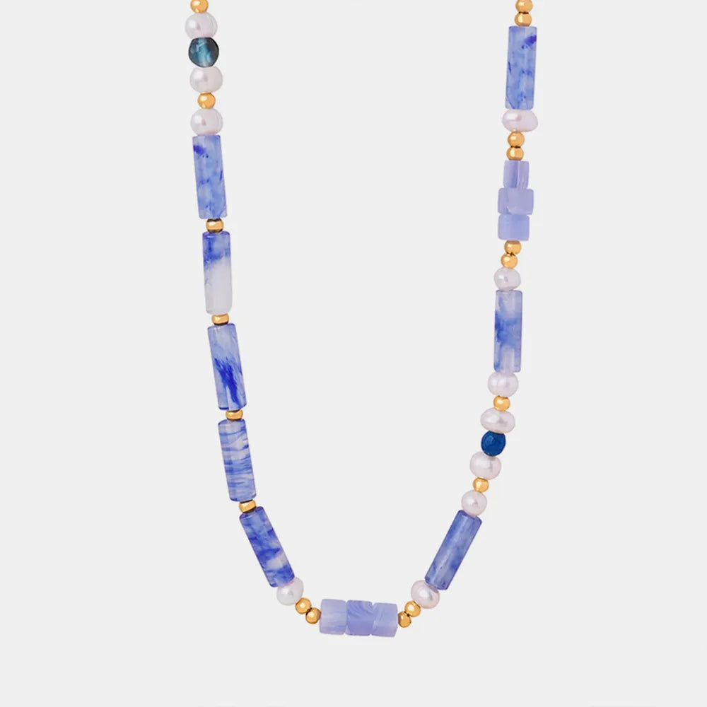 Freshwater Pearl and Titanium Steel Geometric Bead Necklace