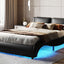 Queen Size Upholstered Faux Leather Platform Bed with LED Light Bed Frame with Slatted - Black - Korvel