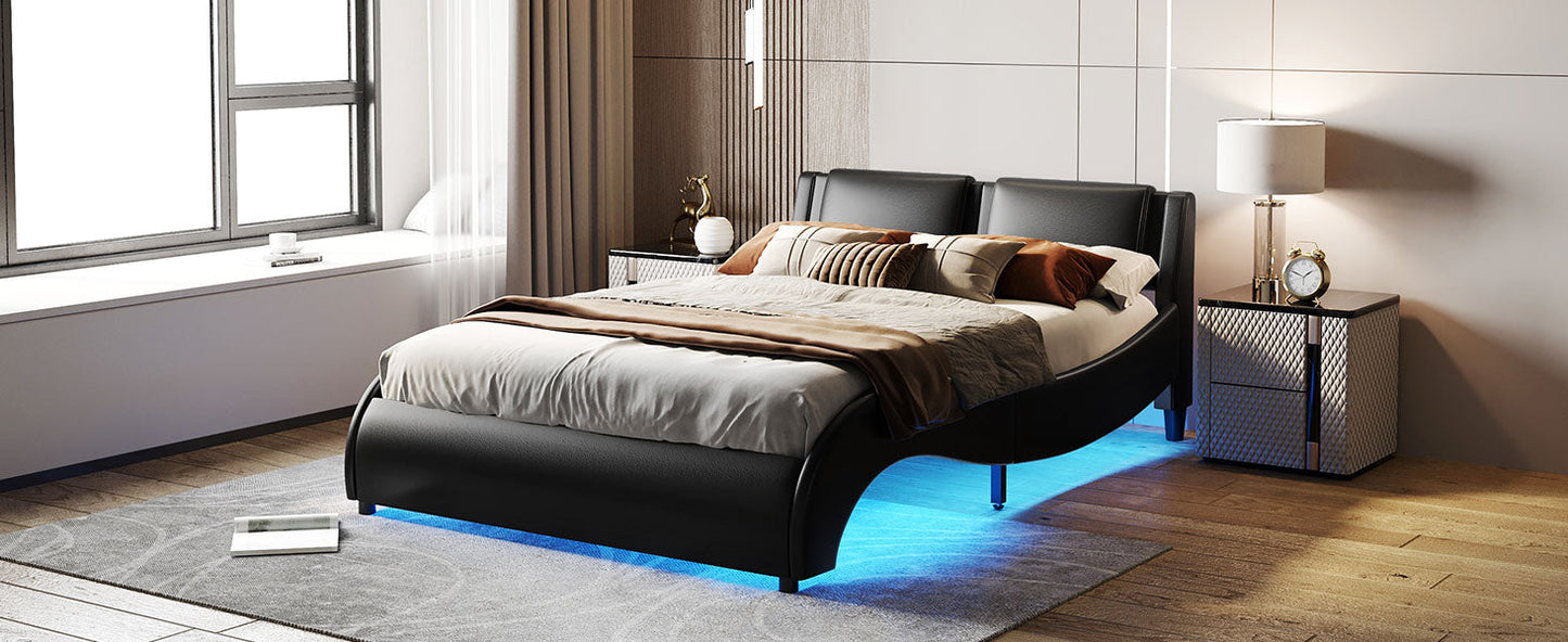 Queen Size Upholstered Faux Leather Platform Bed with LED Light Bed Frame with Slatted - Black - Korvel