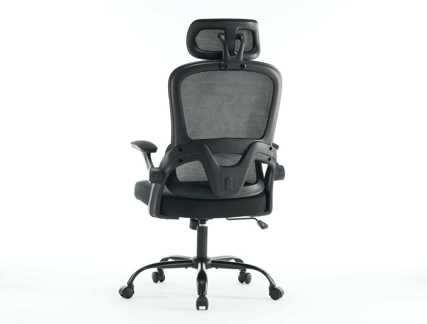 High backrest mesh office chair with 3D armrests, rotating computer task chair with adjustable 2D headrest, tilt function black - Korvel