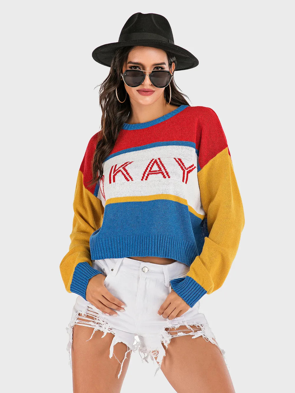 Contrast Dropped Shoulder Long Sleeve Sweater - Korvel