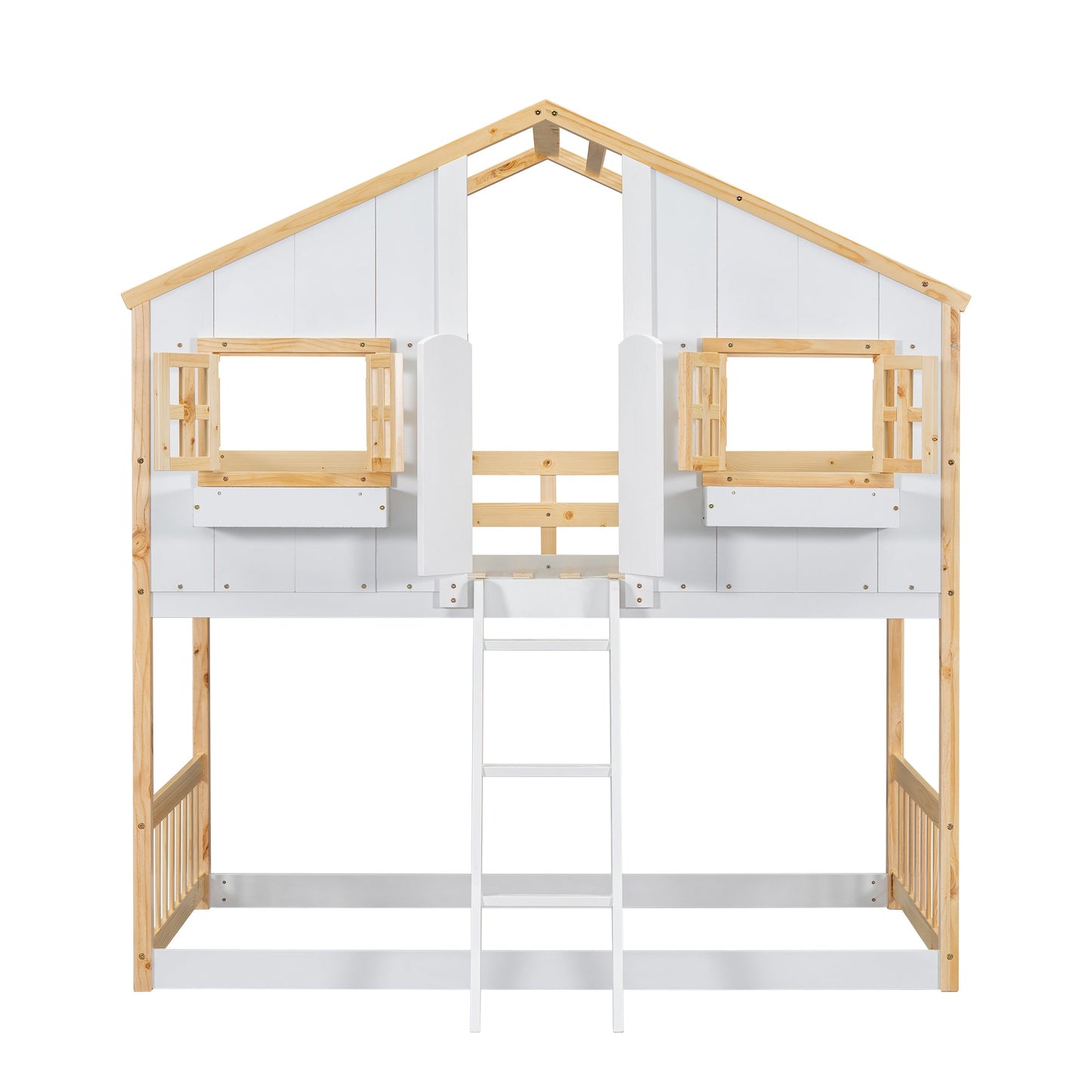 Twin over Twin House Bunk Bed with Roof , Window, Window Box, Door , with Safety Guardrails and Ladder, Natural/White - Korvel