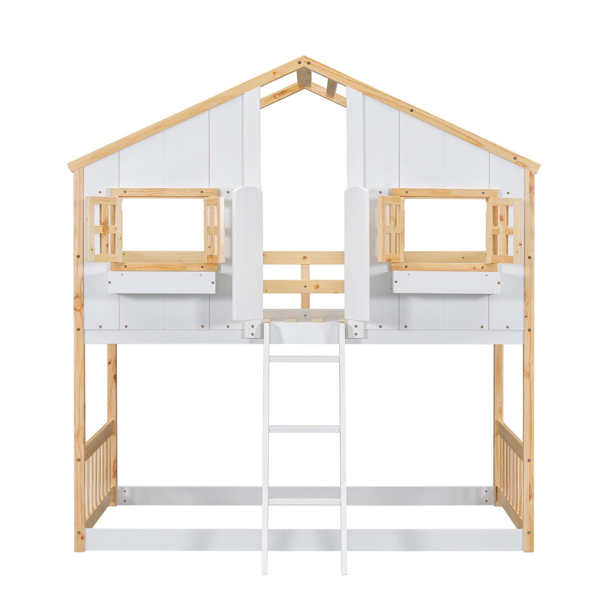 Twin over Twin House Bunk Bed with Roof , Window, Window Box, Door , with Safety Guardrails and Ladder, Natural/White - Korvel