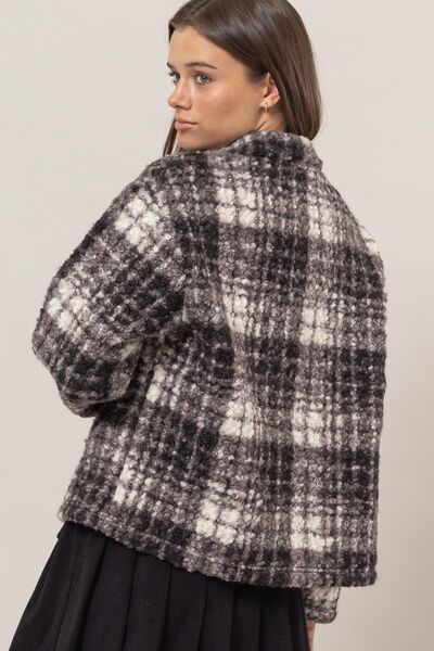 Chaqueta Bouclé a Cuadros con Cuello y Bolsillos