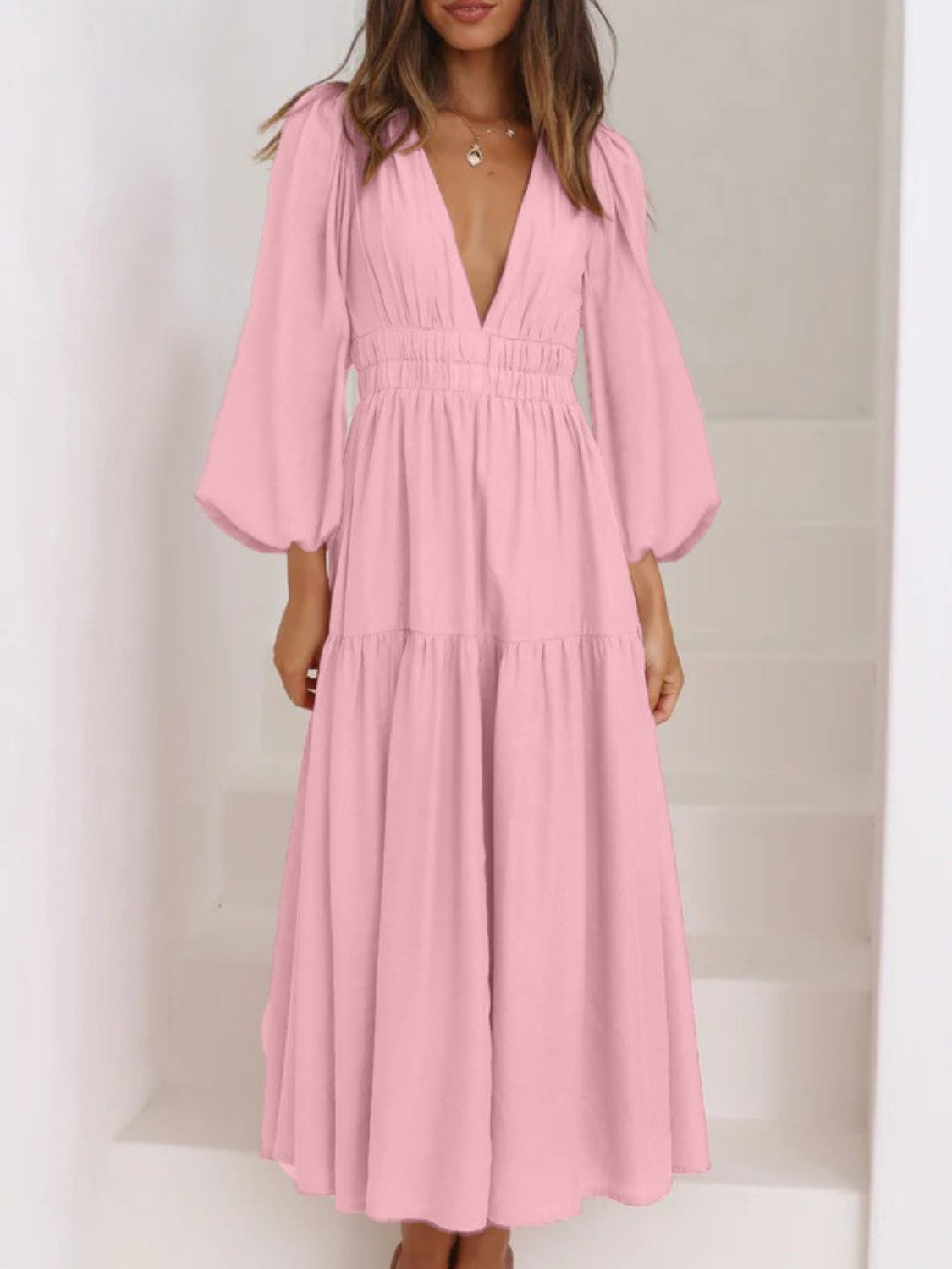 Elegant Lightweight Deep V-Neck Balloon Sleeve Maxi Dress
