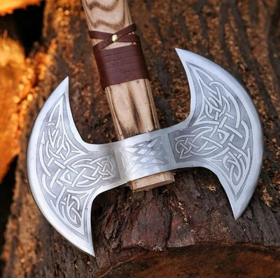Artisan Crafted Battle Axe: Engraved Dual D2 Steel Blades with Ash Wood Handle and Leather Sheath - Korvel