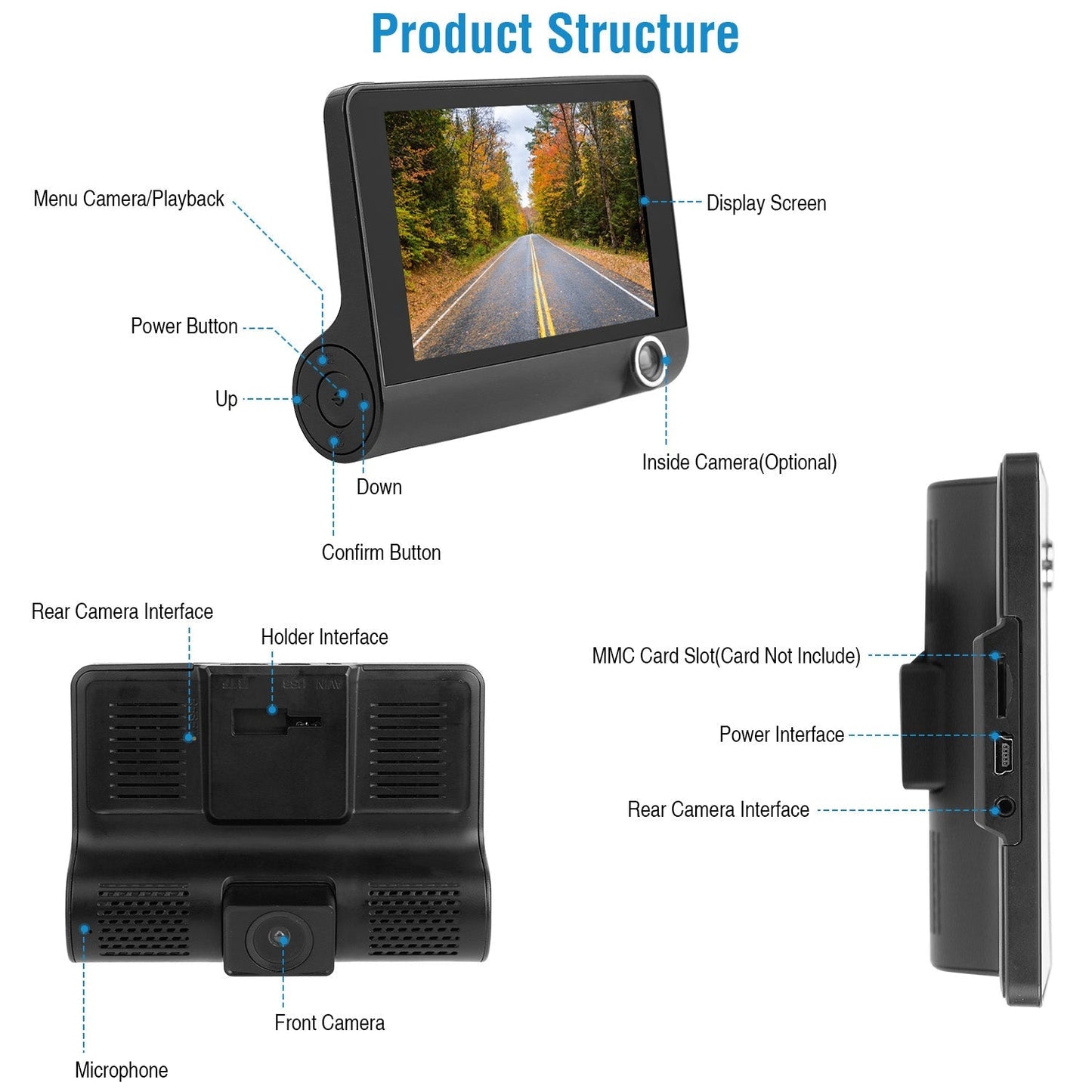 Gbruno 1296P Triple Lens Car DVR Dash Camera