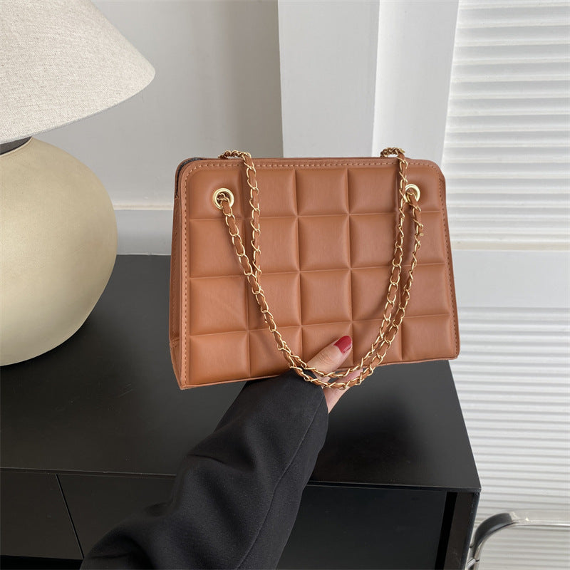 Plaid Diamond-Pattern Embroidered Shoulder Bag for Women