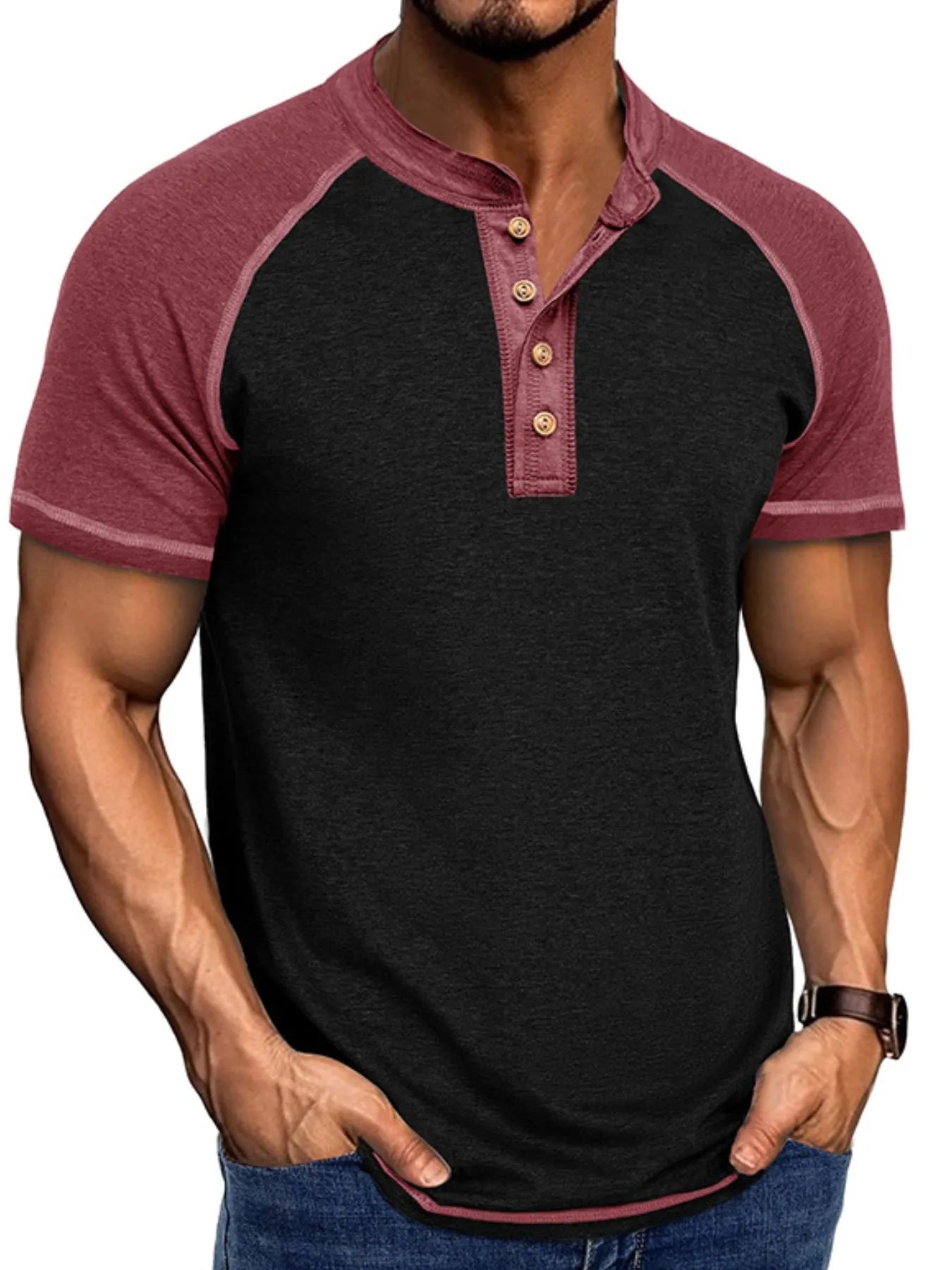 T-shirt Henley Raglan Color Block pour homme