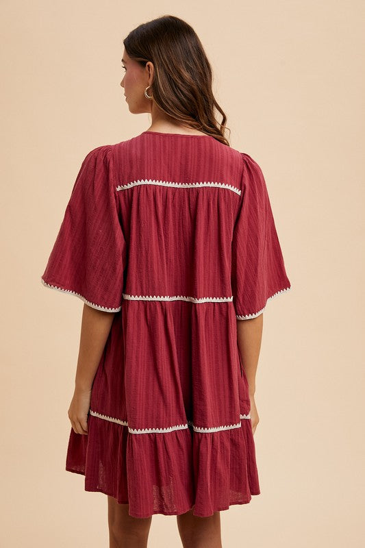 Robe à Manches Mi-Longues à Volants avec Détails Contrastés et Franges