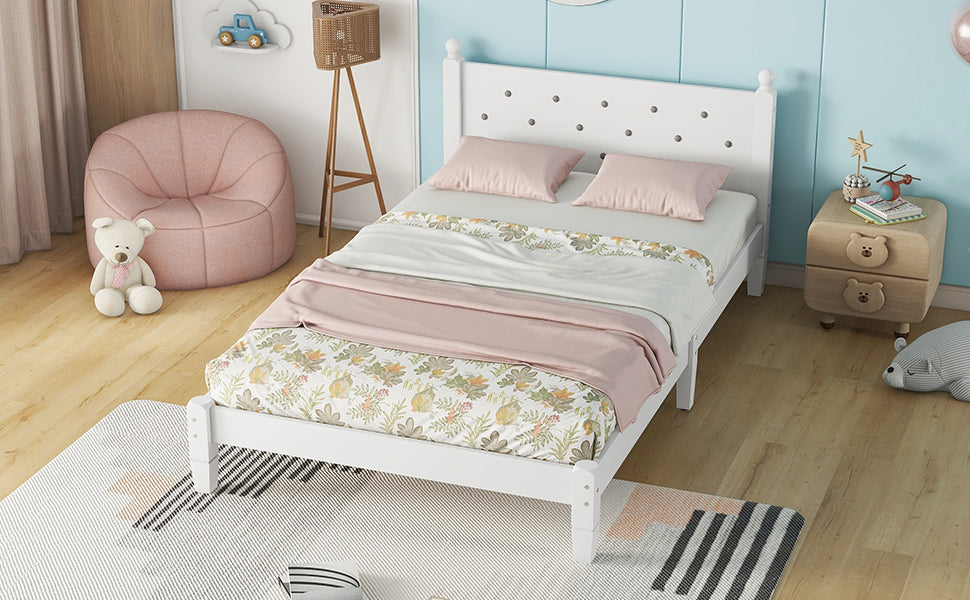 Twin Bed with Button-Decoration Headboard, with Bed Slats,White - Korvel