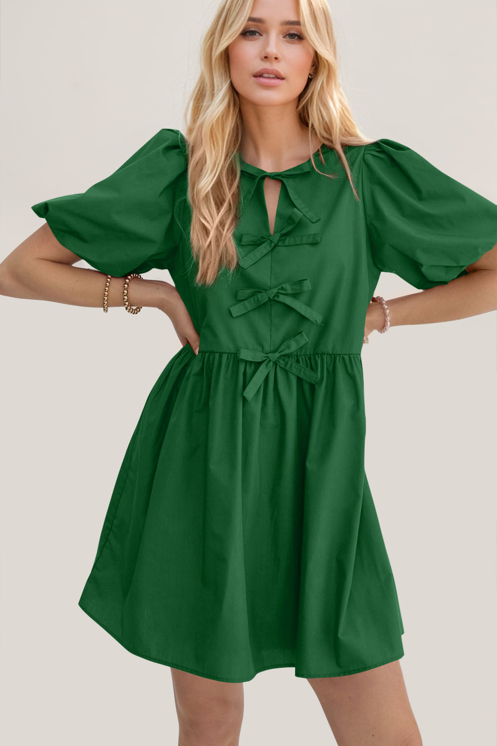 Elegant Ruched Puff Sleeve Mini Dress with Bow Detail