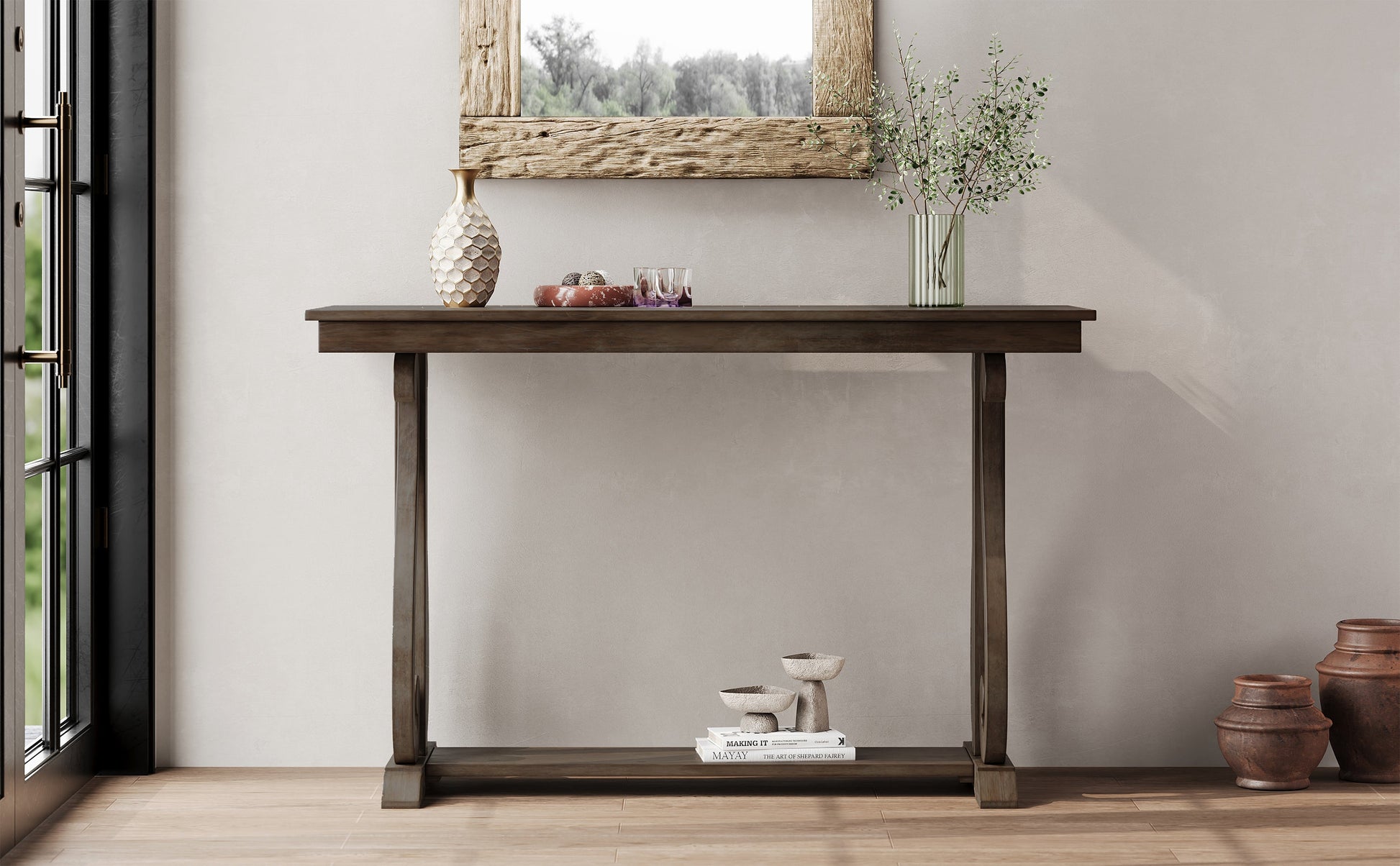 48-Inch Rustic Vintage Console Table --- Farmhouse Style Entryway Table with Open Shelf and Sturdy Construction (Walnut) - Korvel