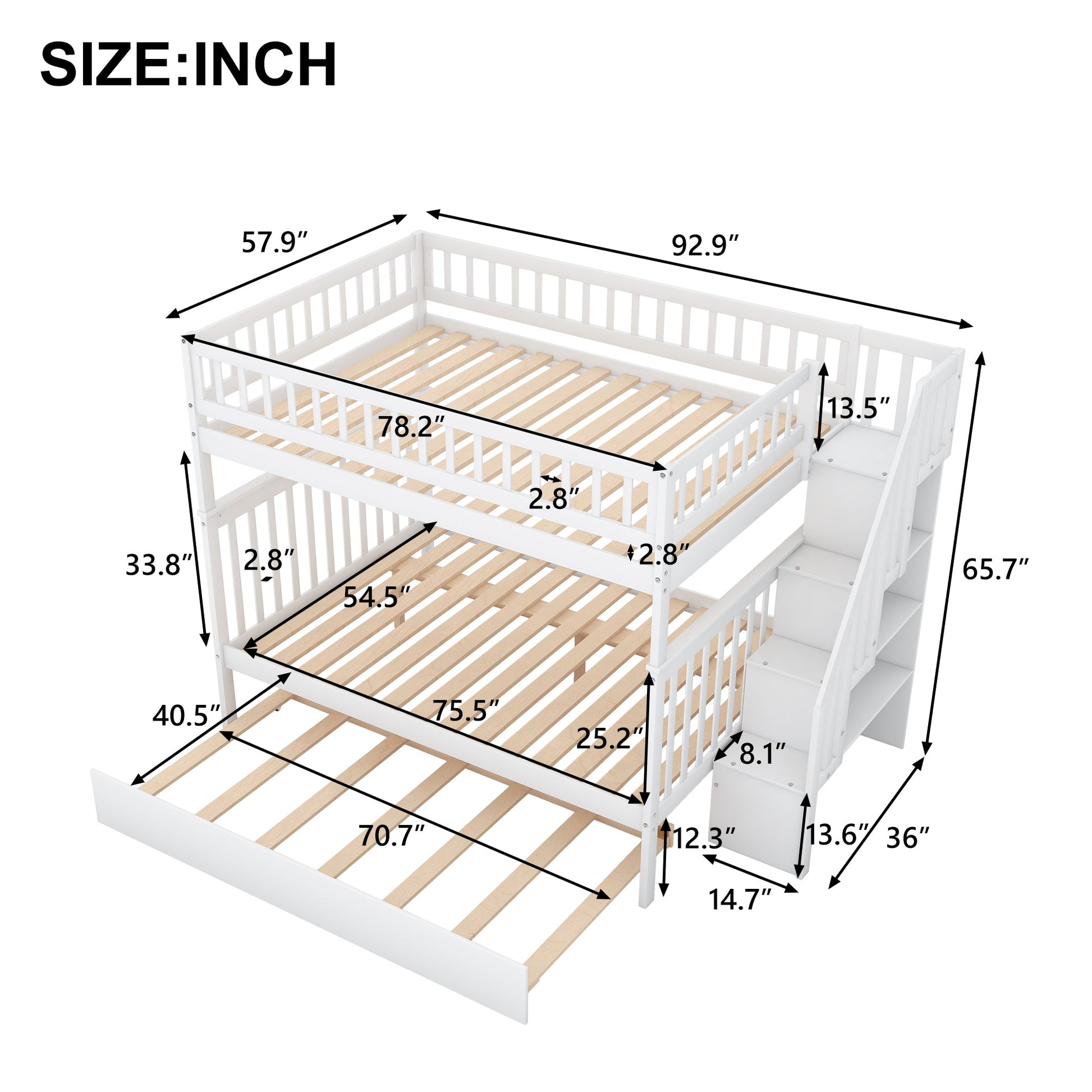 Full over Full Bunk Bed with Trundle and Staircase White - Korvel