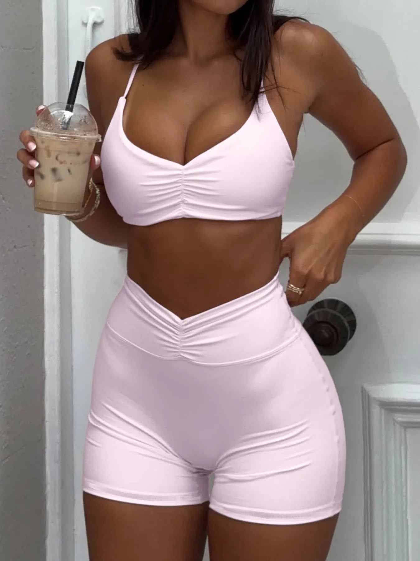 Ruched Sports Bra & High-Waisted Shorts Active Set