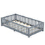 Twin Size Bed Floor Bed with Safety Guardrails and Door for Kids, Gray - Korvel