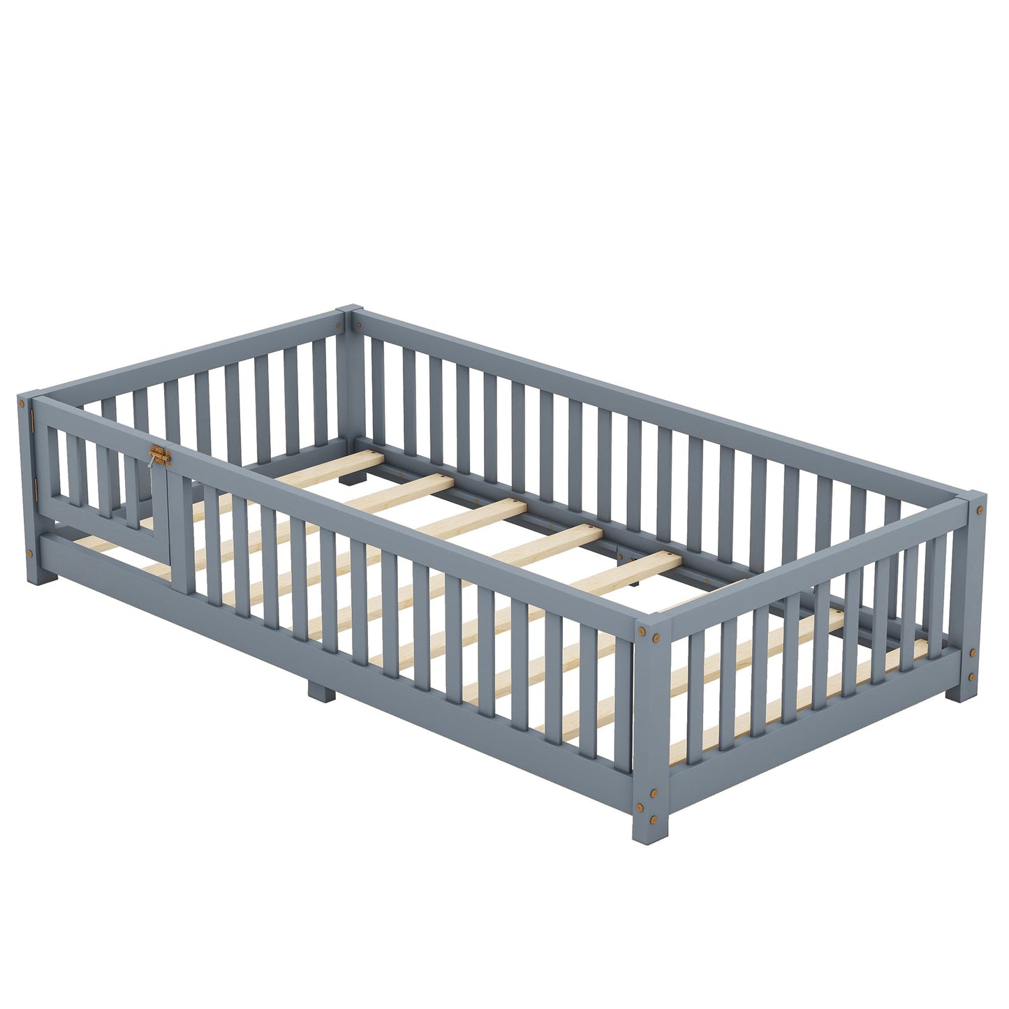 Twin Size Bed Floor Bed with Safety Guardrails and Door for Kids, Gray - Korvel