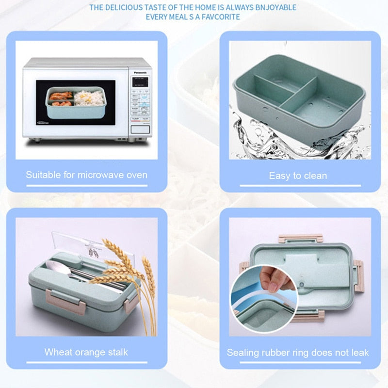 Lunch Box Food Container Bento Box Heated Lunchbox Kids Lunchbox Snack Straw Wheat Korean Sealed Student Plastic Box for Food - Korvel