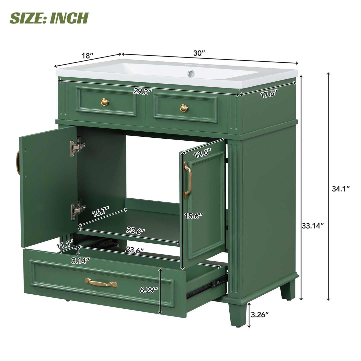 30 inch uncovered bathroom vanity with soft closed door, limited to solid wood frame bathroom storage cabinet green - Korvel