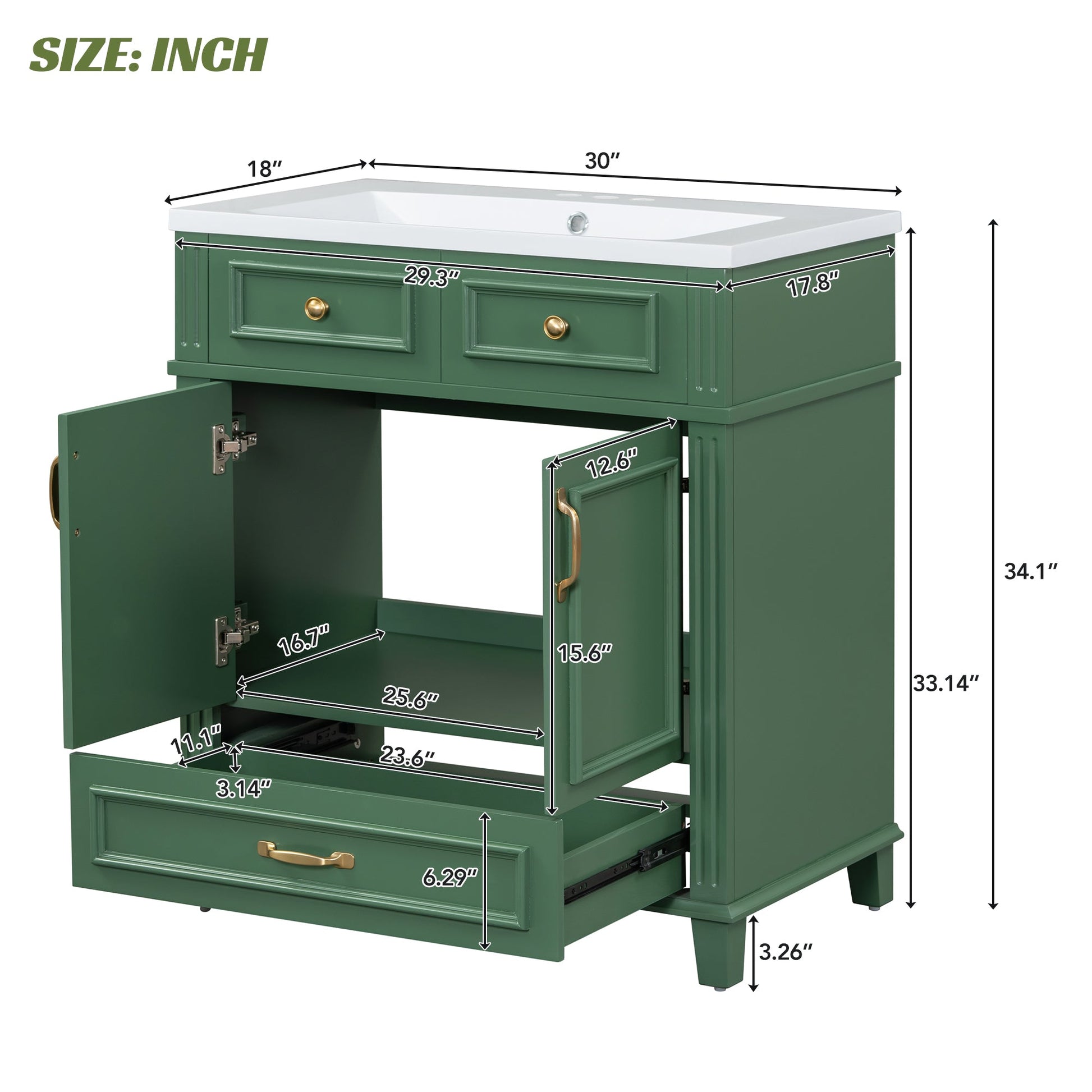 30 inch uncovered bathroom vanity with soft closed door, limited to solid wood frame bathroom storage cabinet green - Korvel