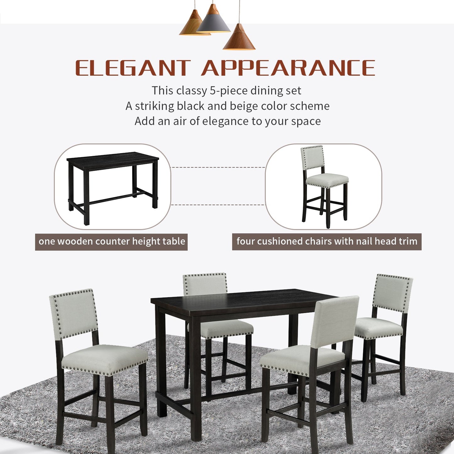 Conjunto de Comedor de Altura de Mostrador TREXM de 5 Piezas en Espresso y Beige