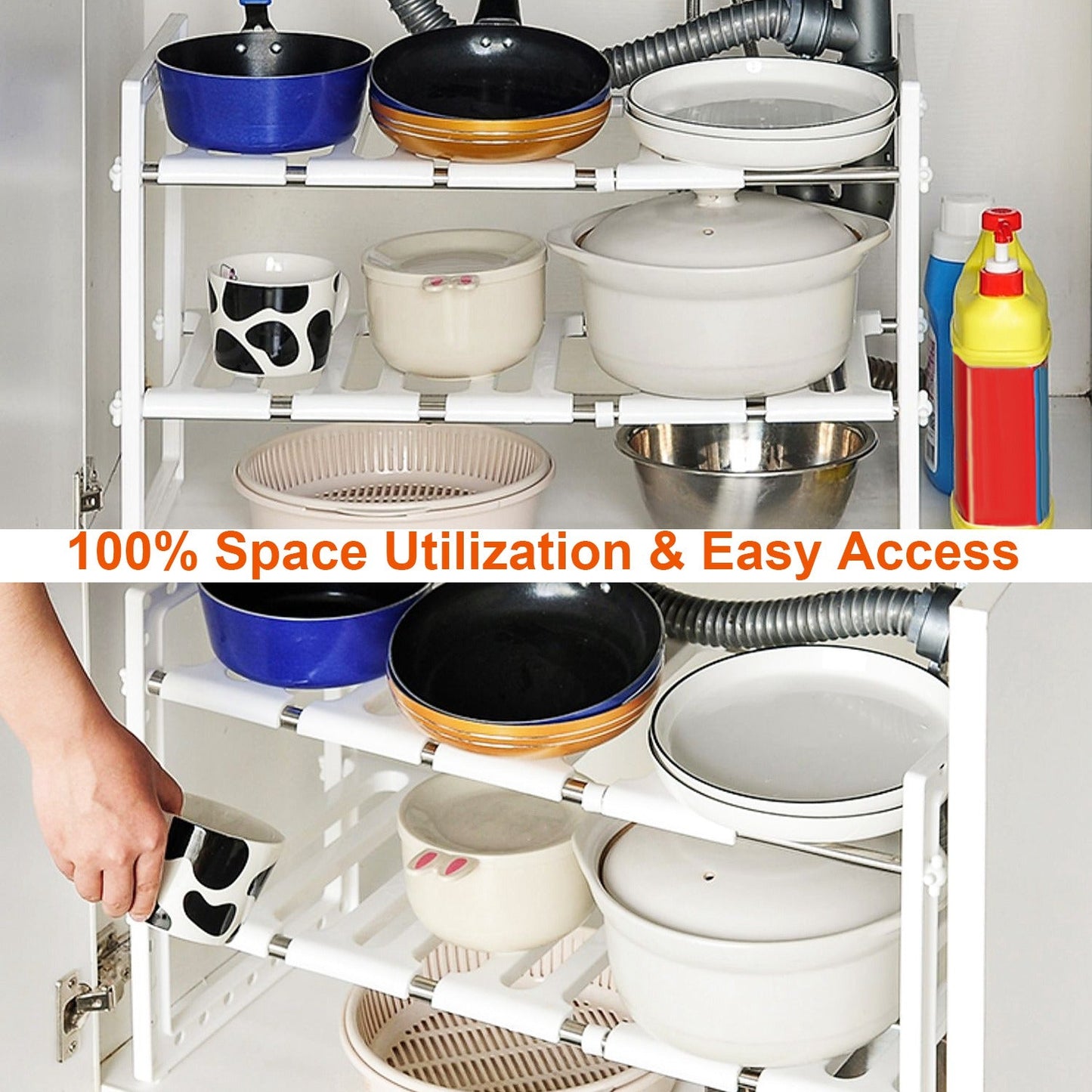 2-Tier Under Sink Organizer - Adjustable Kitchenware Storage Rack