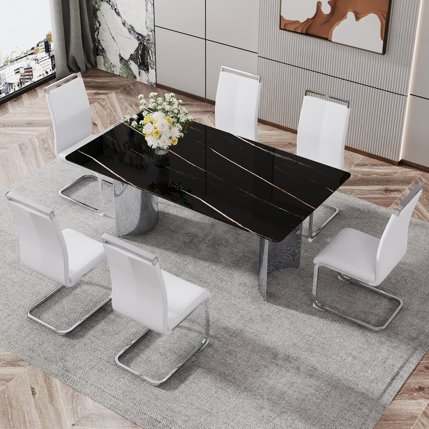 Modern minimalist dining table The black imitation marble glass desktop is equipped with silver metal legs - Korvel