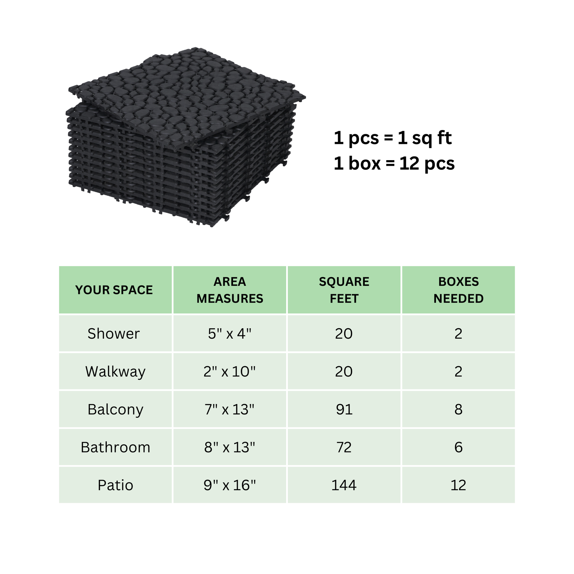 12 x 12 inch black interlocking deck tiles, plastic waterproofing, pebble pattern, pack of 12 - Korvel