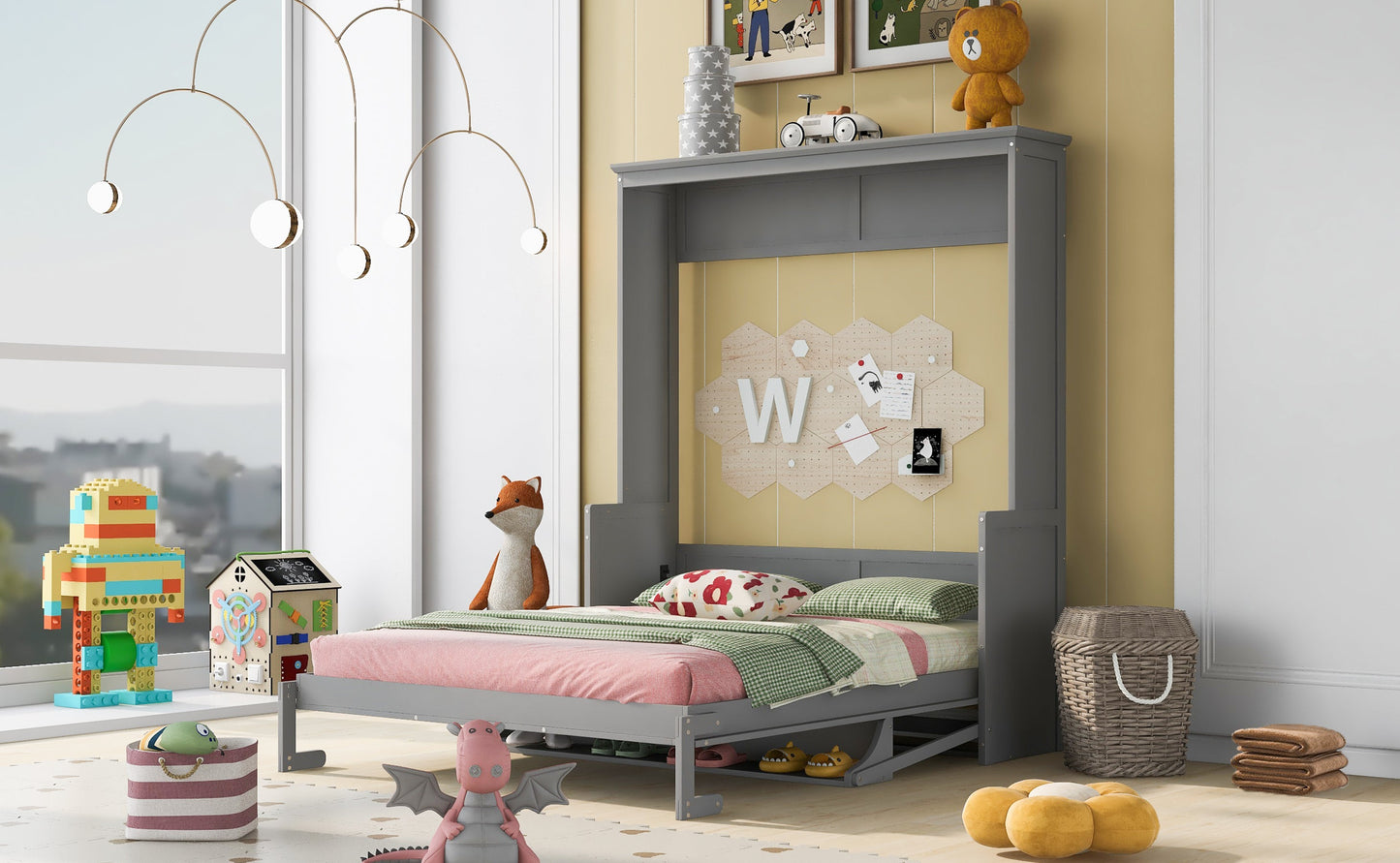 Queen Size Murphy Bed with a Shelf, Gray - Korvel
