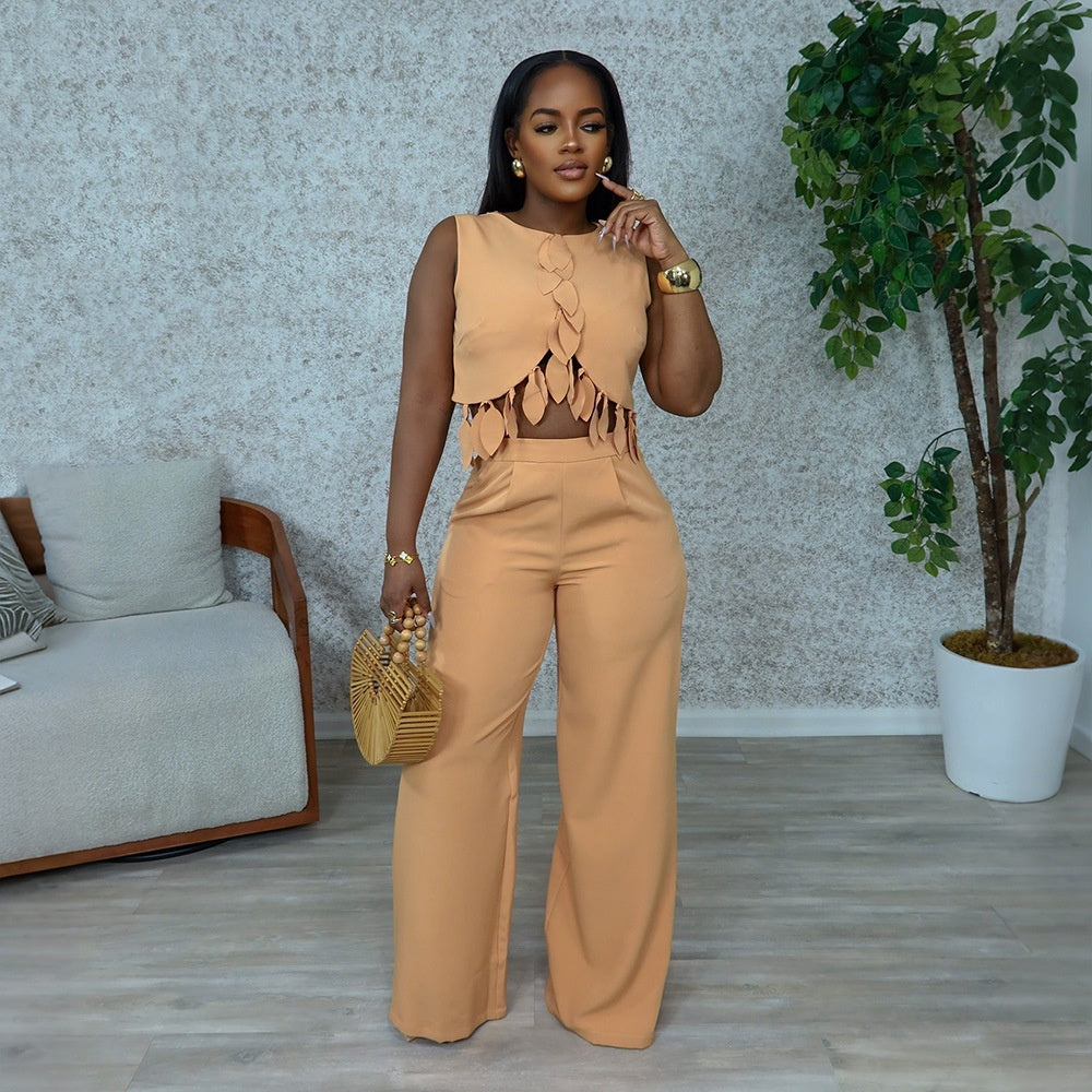 Round Neck Casual Sleeveless Sexy Top with Slim Long Pants Two-Piece Women's Set - Korvel