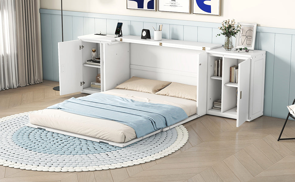 Lit Murphy Queen Size avec étagères et ports USB - Blanc