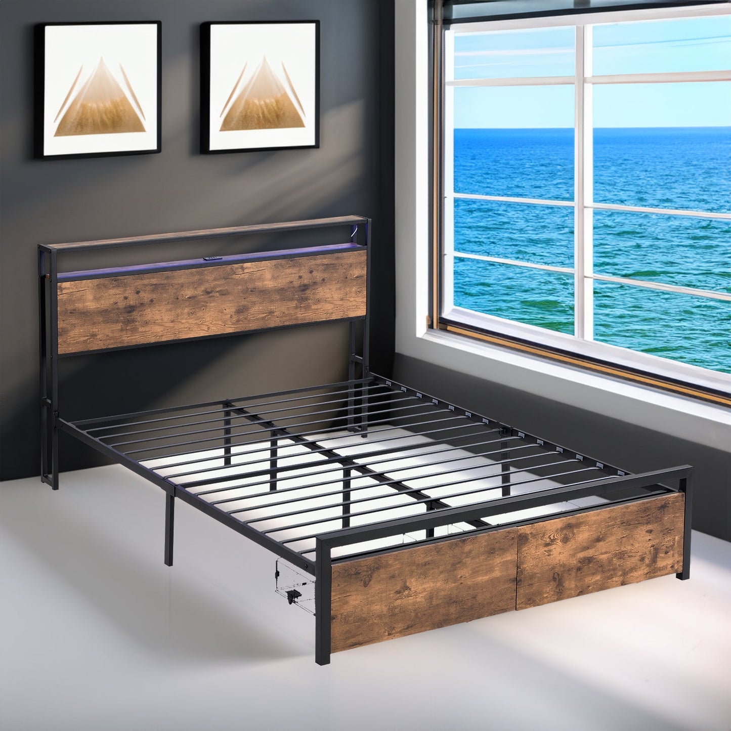 Full size bedstead with storage headboard and 2 drawers, LED light bed with charging station, metal Flat noodles support - Korvel