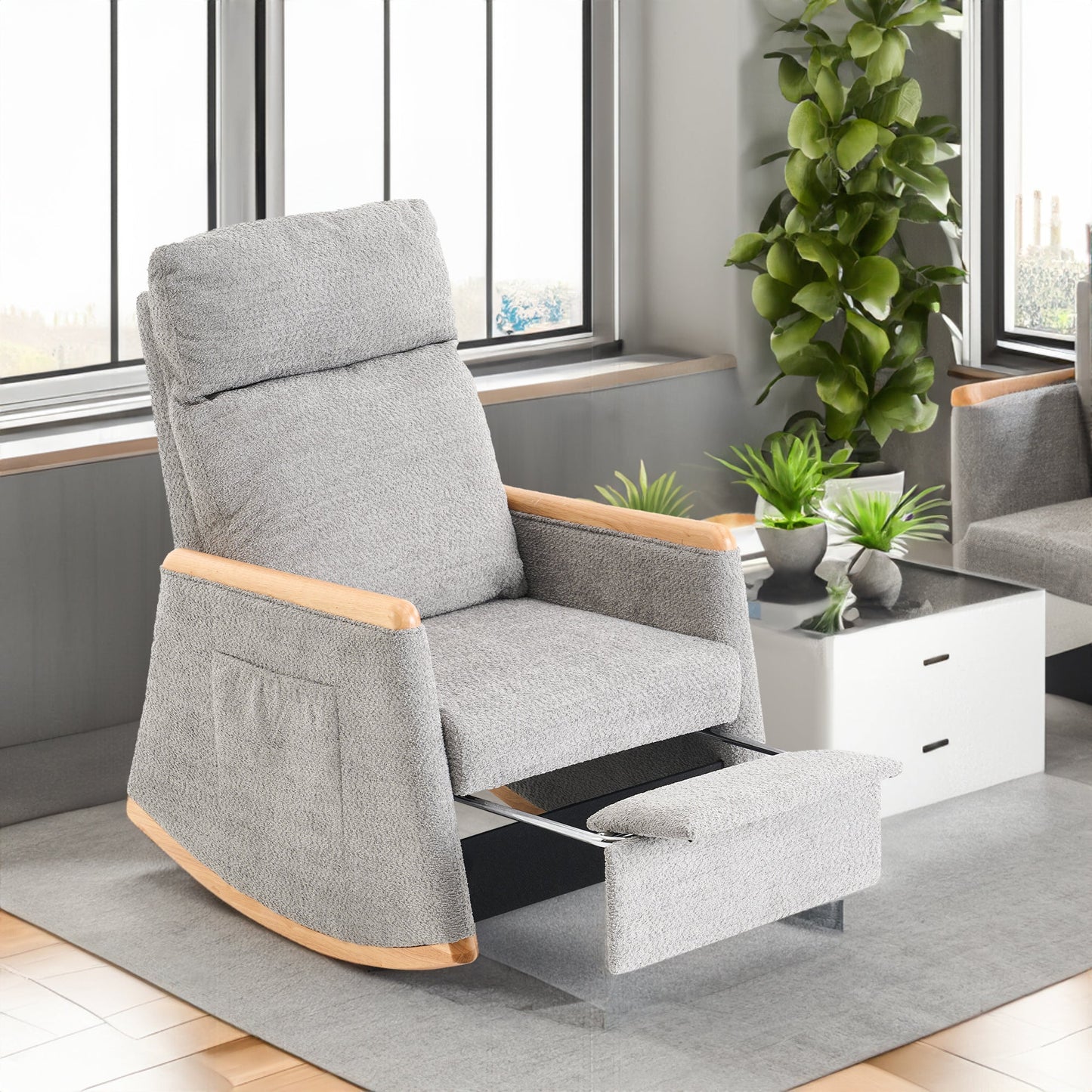 Accent Rocking Chair with Footrest High Back Rubber Wood Rocking Legs Bedroom Living Space 38.6D X 26.8W X 40.6H Inch - Korvel