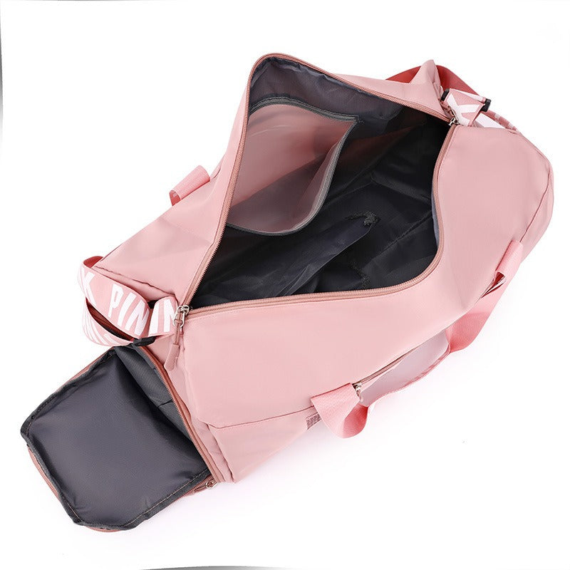 New fitness bag, shoe compartment, dry wet separation bag, sports travel bag, shiny pink letter single shoulder crossbody bag - Korvel