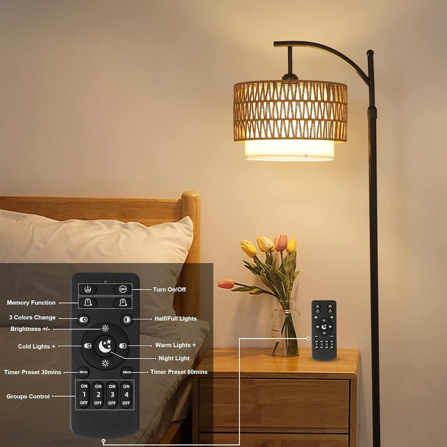Arc Floor Lamp with Remote Control and Dimmable Bulb