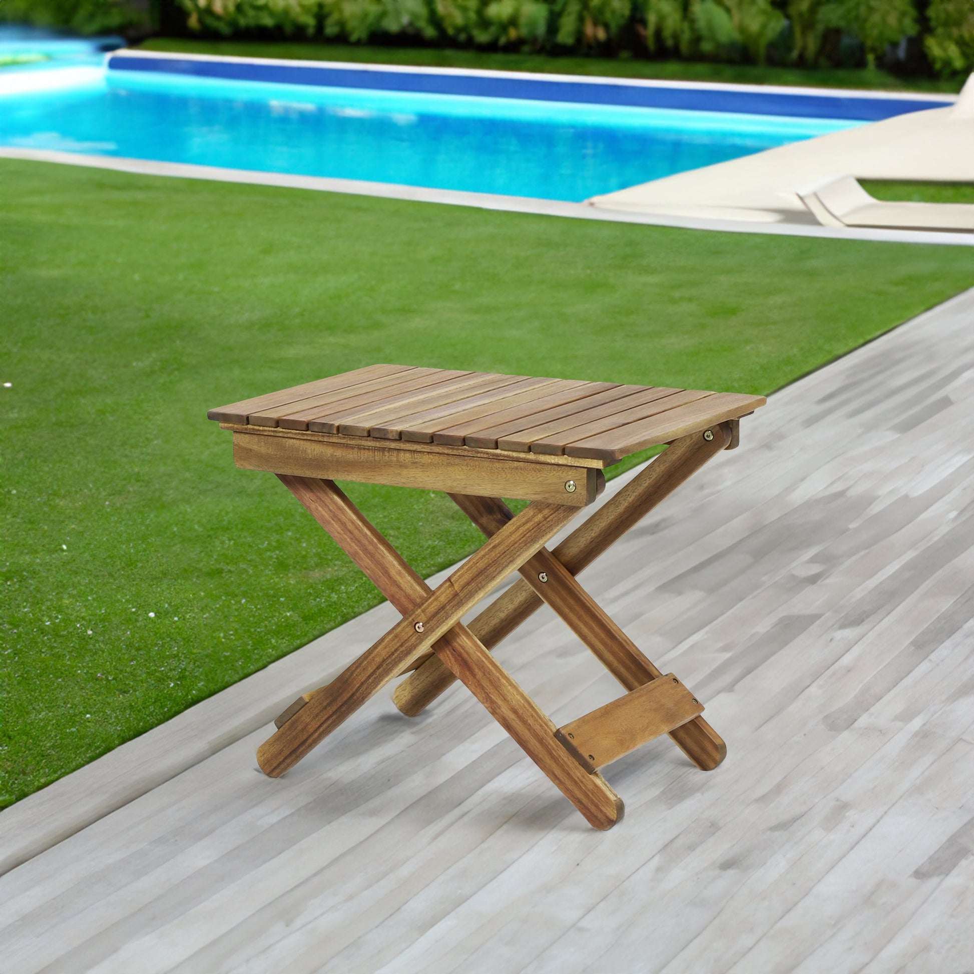 Outdoor Folding Wooden Side Table, Natural, 15"D x 22.75"W x 18.25"H - Korvel