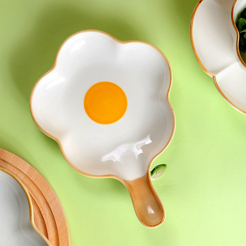 Creative Sun Egg Ceramic Bowl and Dish Set Cute Rice Bowl, Plate, Handle, Plate, Tableware, Home Breakfast Soup Plate - Korvel