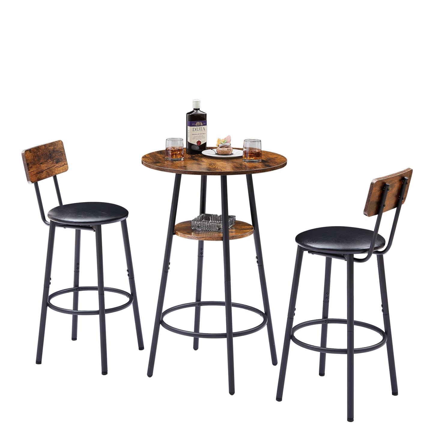 Conjunto de Taburetes de Bar Tapizados en Marrón Rústico con Estante