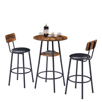 Rustic Brown Upholstered Bar Stool Set with Shelf
