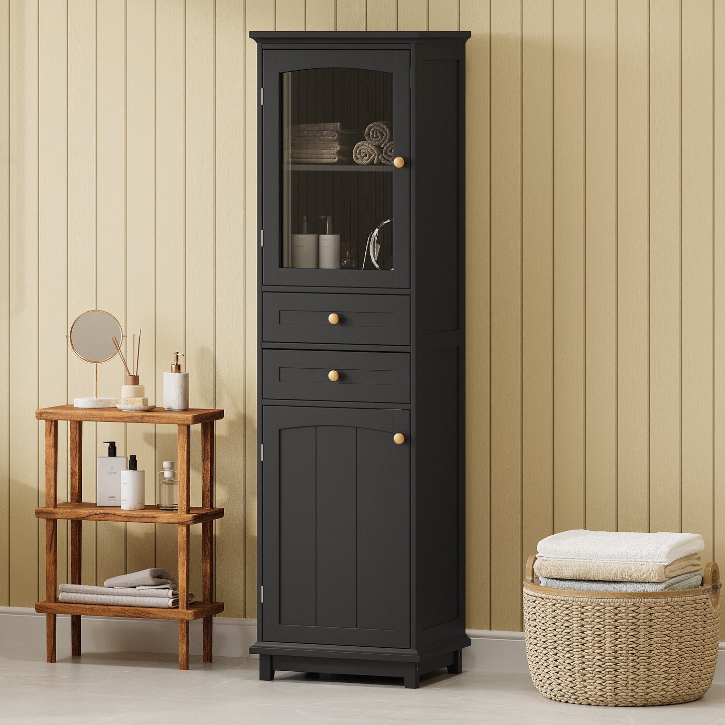 Tall Bathroom Storage Cabinet with Glass Doors, Free-Standing, Two Drawers, and Adjustable Shelves, MDF Board, Painted Black - Korvel