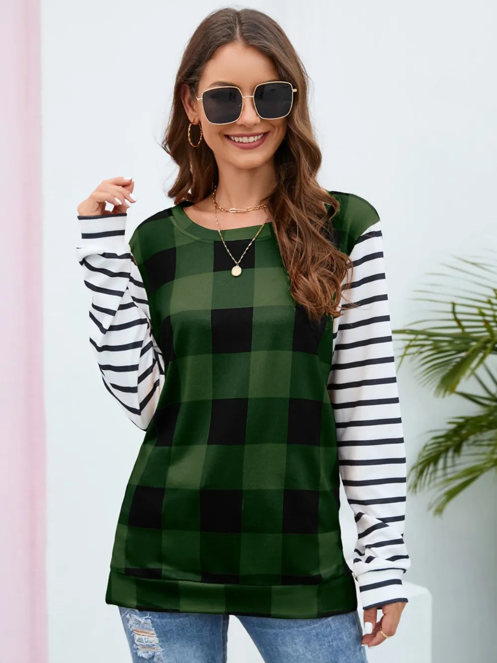 Plaid Striped Round Neck Long Sleeve T-Shirt - Korvel