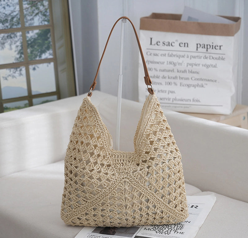 Hollow out straw woven bag woven belt armpit bag - Korvel
