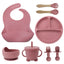 8PCS Mother and baby silicone bibs, silicone dinner plates, eight-piece set, baby food training suction cup bowl, baby divided tableware set - Korvel